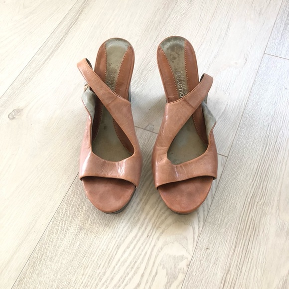 Kenneth Cole Peach Leather Slingback Open Toe Platform Wood Heels - Picture 15 of 16